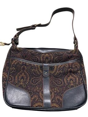 Etienne Aigner Brown Paisley Shoulder Bag with Dark Leather Trim